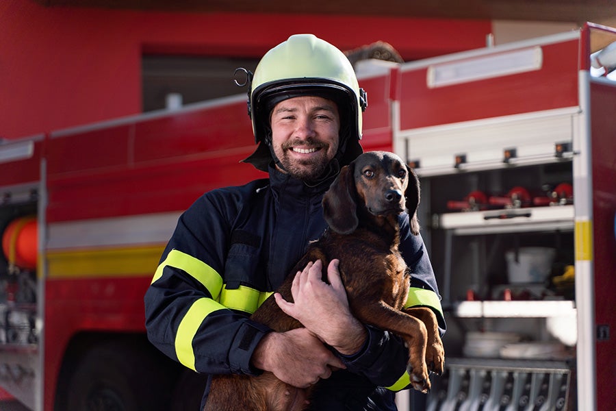 Fire-fighter saving life of a dog